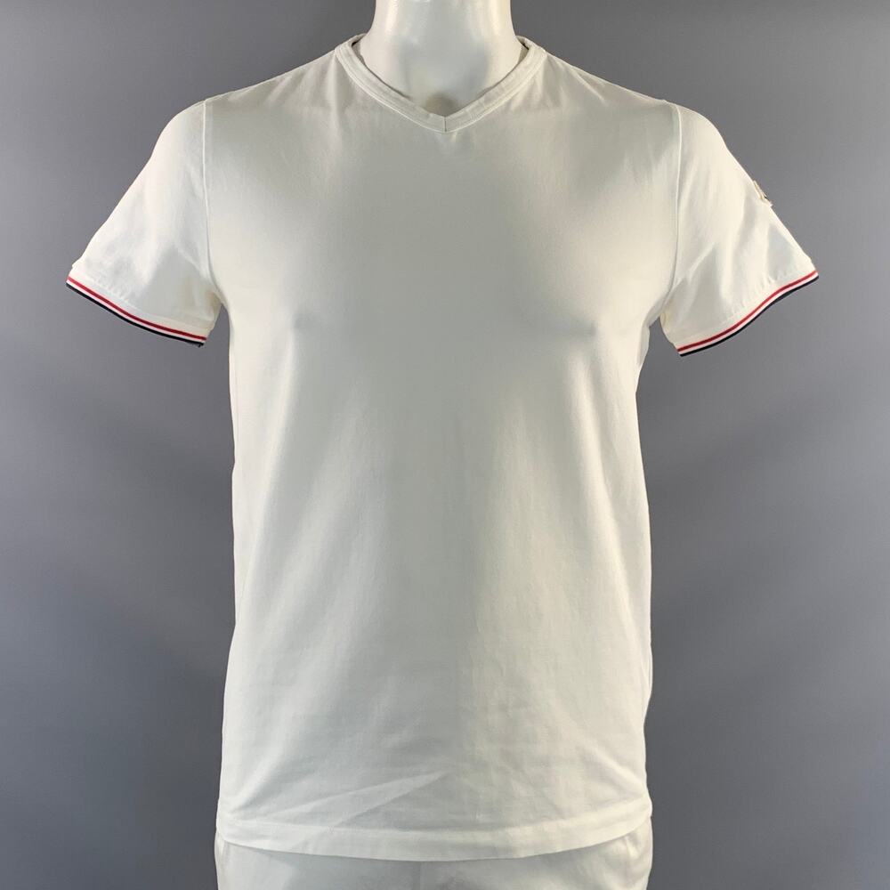MONCLER Size XL White Cotton Blend V Neck T Shirt